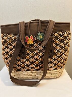 Lucky Brand Brown Woven Crochet Tote with Floral Embroidered Pins
